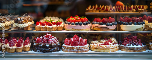 An enticing display of gourmet desserts, featuring fruit-topped tarts and richly decorated cupcakes, behind the glass of a bakery window.