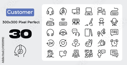 Customer service icon set. Containing customer satisfied, assistance, experience, feedback, operator and technical support icons. Solid icon collection.