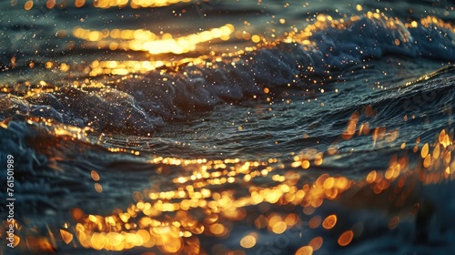 A beautiful close up of a wave in the ocean at sunset. Ideal for nature and travel themes