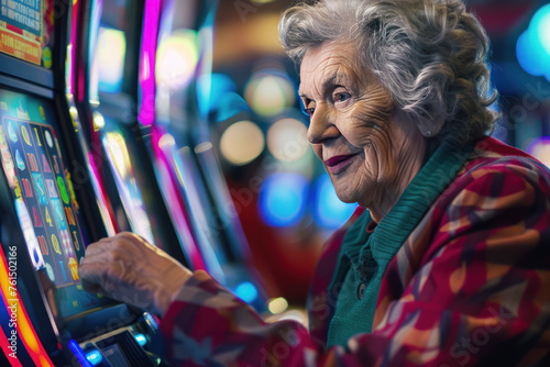 An elderly woman playing on a vibrant slot machine in a casino, with colorful lights in the background. 