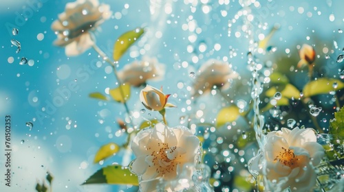Colorful flowers floating in clear water. Perfect for spa or relaxation concept