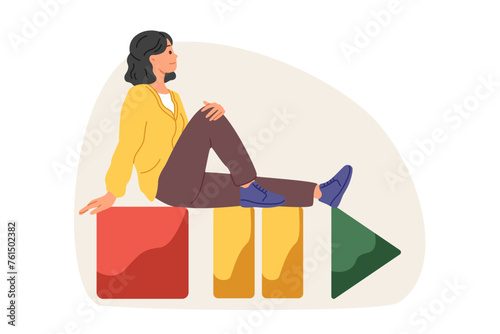 Woman meloman sits on buttons to control multimedia player and switch music in mobile application. Icons for starting and stopping video in multimedia player on smartphone or tablet