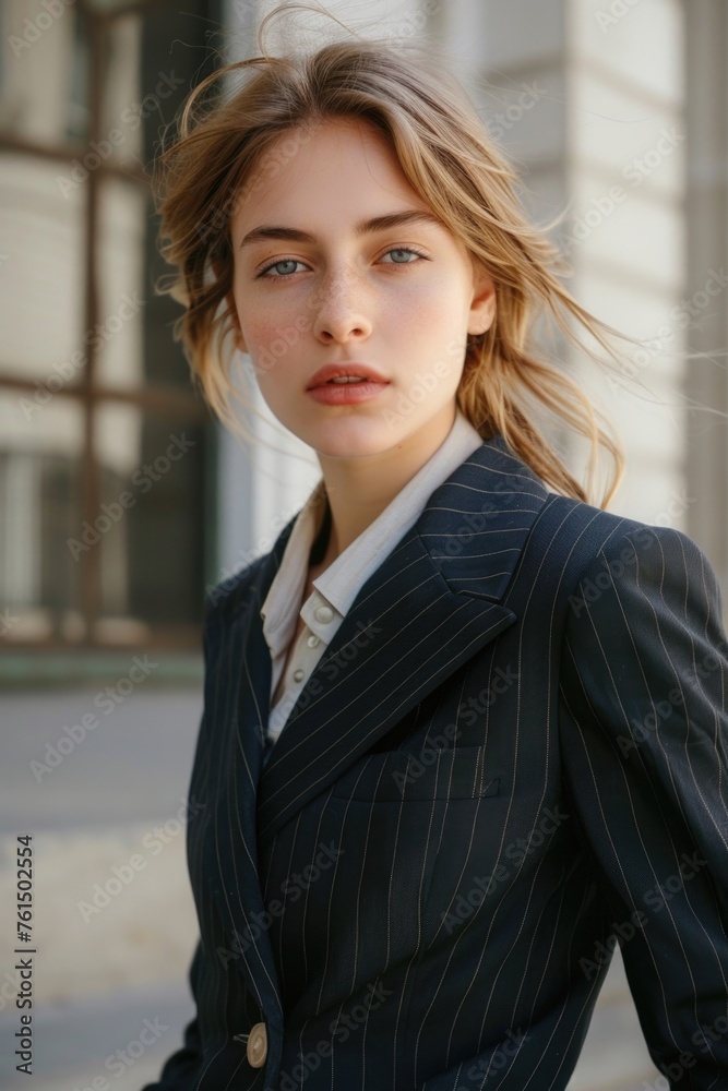 Professional woman in pinstripe suit posing for a photo, suitable for business and corporate concepts Professional woman in pinstripe suit posing for a photo, suitable for business and corporate concepts