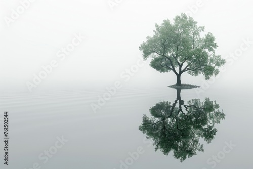 A serene image of a lone tree reflecting in the water. Suitable for nature and landscape themes