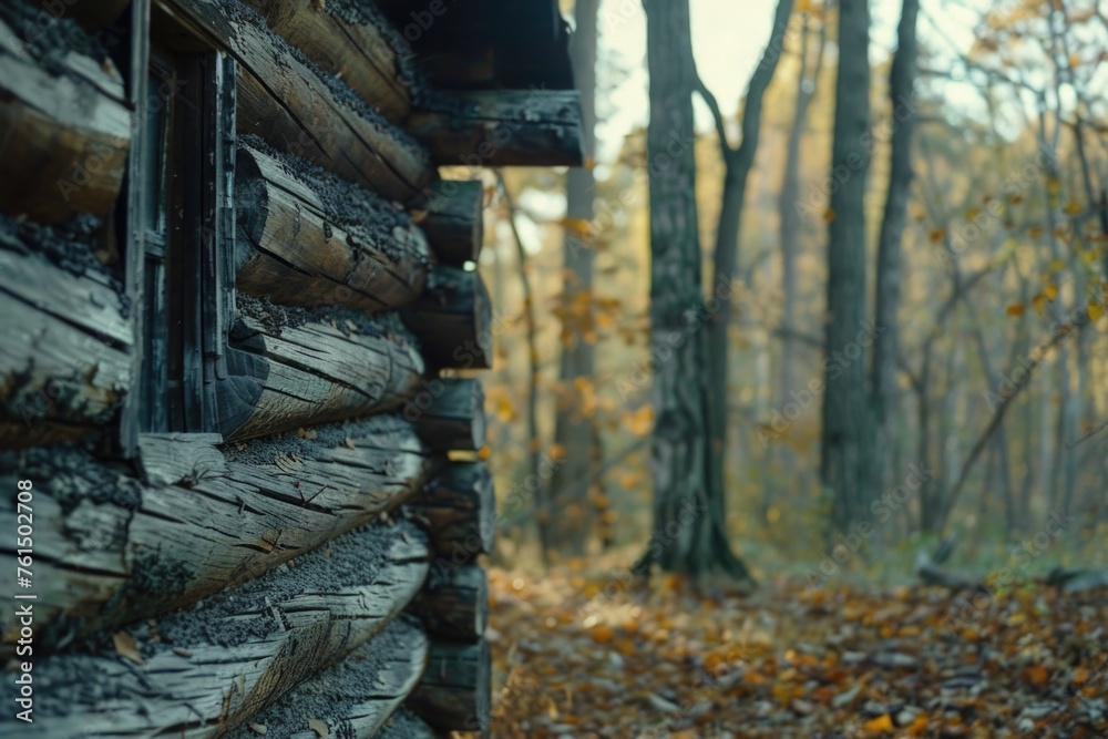 A cozy log cabin surrounded by fallen leaves, suitable for autumn themes