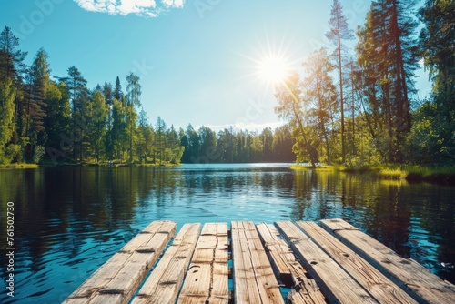 A serene wooden dock floating on a calm lake. Perfect for nature and relaxation concepts