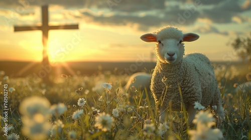 A peaceful scene of a sheep standing in a field with a cross in the background. Suitable for religious or pastoral themes photo