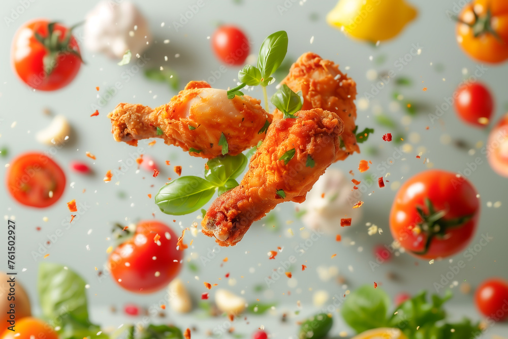 Dynamic composition of fried chicken flying with ingredients around it.