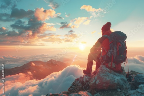 A man with a backpack enjoying the view from a mountain top. Suitable for travel and adventure concepts