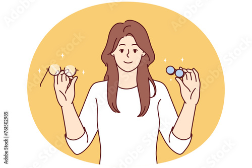 Woman holds glasses and lenses in hands choosing convenient and useful product for eye care. Portrait of smiling girl ophthalmologist offering various ways to improve vision. Flat vector design