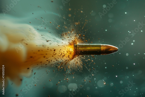 A bullet is shot out of a gun, leaving a trail of smoke and debris in its wake photo