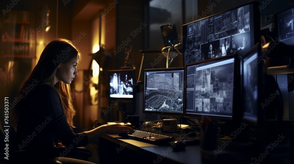 African american policewoman in uniform at station desk, reviewing reports on computer