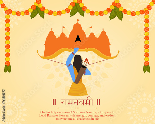 Creative Banner or Poster of Lord Rama with bow arrow in Shree Ram Navami garland decoration. photo