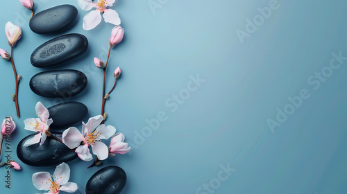 Flat lay composition with black spa stones and flowers isolated on light blue background with space for text