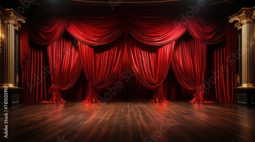 Red theater curtain with spotlights and wooden floor background