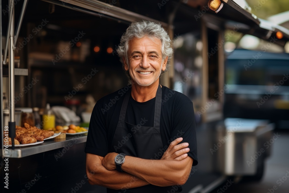 Middle aged male small business owner smiling by his food truck, exuding happiness and positivity - obrazy, fototapety, plakaty 