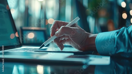 Businessman's hand with stylus pen touching on digital tablet screen with laptop computer on office table photo