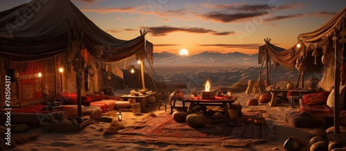 Authentic Bedouin-style tents placed within the desert's heat photo