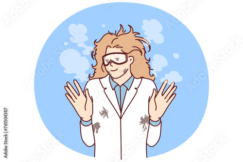 Woman mad scientist with tousled hair after failed experiment with chemical reagents. Research laboratory employee raises hands while standing in white coat with stains and smoke. Flat vector design