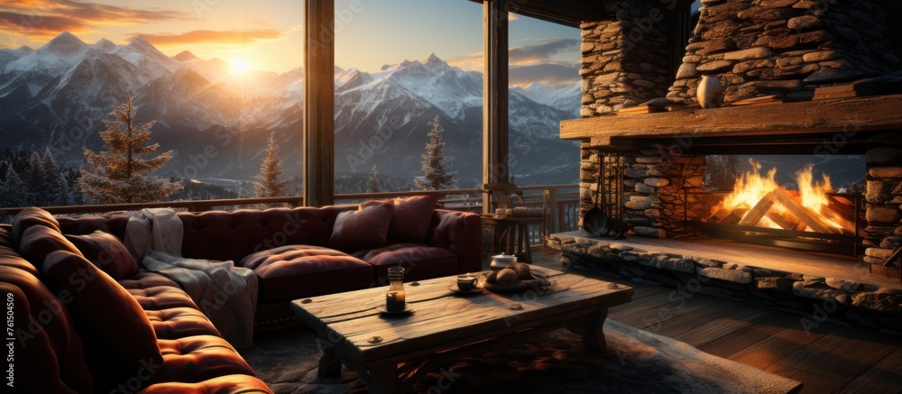 Cozy cabins with roaring fireplaces nestled in icy mountains - obrazy, fototapety, plakaty 