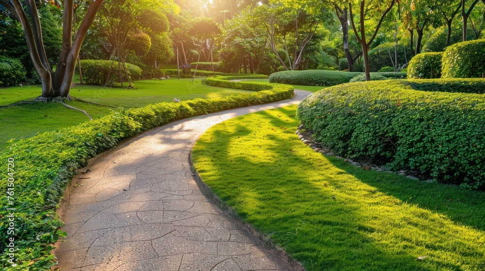 Decorative garden winding pathway walkway and a green lawn with ornamental bushes.