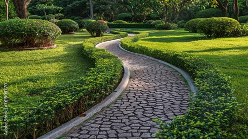 Decorative garden winding pathway walkway and a green lawn with ornamental bushes.