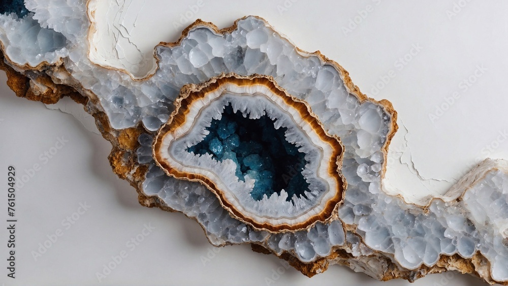 light blue geode stone with crystals and golden veins on white 