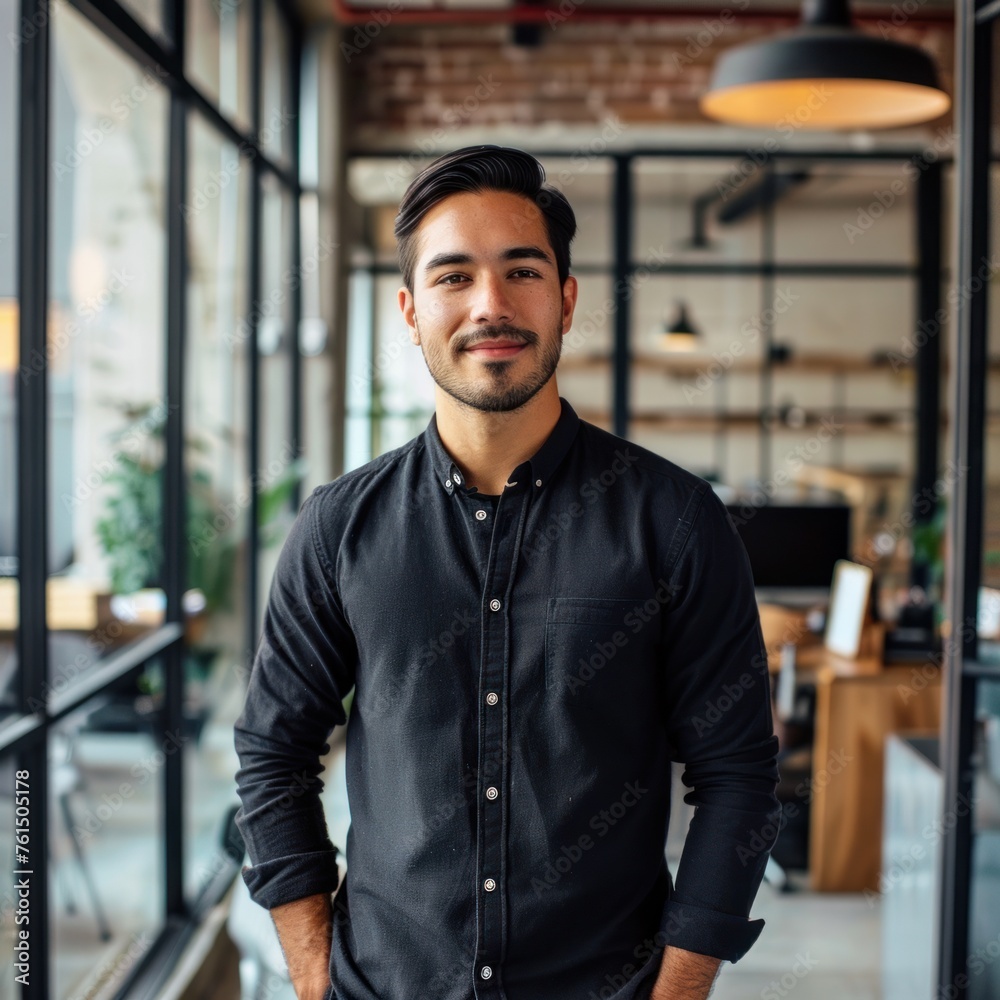 Young architect with a modern haircut standing in a well-designed office space Young architect with a modern haircut standing in a well-designed office space
