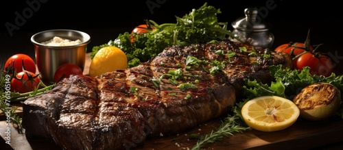 Grilled black angus beef tomahawk steak on bone served with salt, pepper and rosemary on round slate cutting board over dark wooden plank kitchen table photo