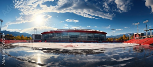 hockey stadium with fans crowd and an empty ice rink