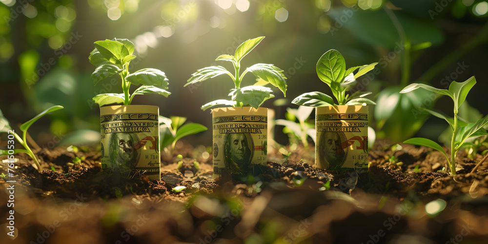  Small plants grow on rolled banknotes lying on the ground and sunrays through the tree in the background ,Plants On Money In Increase With Flare Light   - obrazy, fototapety, plakaty 