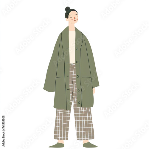a flat illustration of woman wearing green oversized coat with checkered pants, white background,