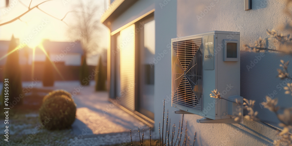 Air source heat pump installed in residential green house or building. morning view. climate heat pump. environmentally friendly heating concept. eco-friendly & sustainable heating and cooling.  - obrazy, fototapety, plakaty 
