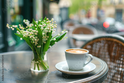 Bunch of lily of the valley and cup of coffee on a table of French street cafe. French tradition to offer lily of the valley on the 1st of May which is a public holiday in France photo