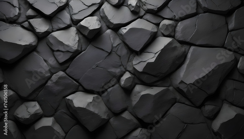Volumetric rock texture with cracks. Black stone background with copy space for design.