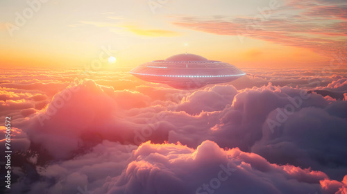 A dramatic view of a UFO sailing over a turbulent cloudscape, illuminated by the sun, stirring thoughts of awe and the grandeur of space