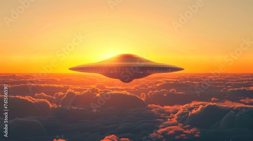 The picture depicts a UFO bathed in the golden light of the setting sun, seamlessly blending with the cloudscape