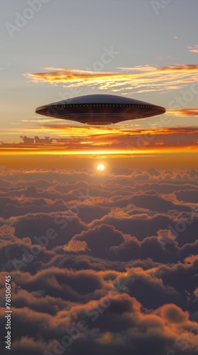 A mesmerizing image showing a UFO above a sea of clouds with the sun setting in the background