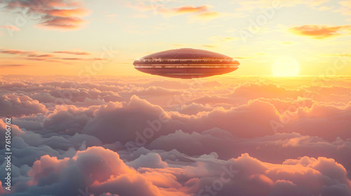 A serene image capturing a UFO floating above fluffy clouds at sunset, evoking a sense of calm and mystery