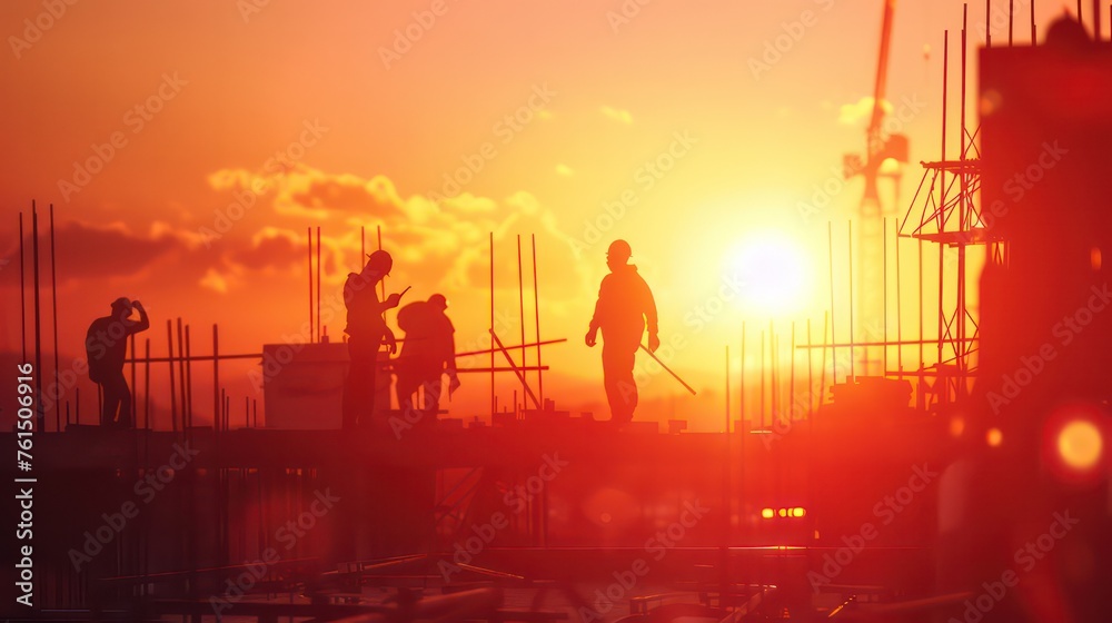 Fototapeta premium Silhouette of an engineer and construction crew working team discussing blueprints at sunrise. 