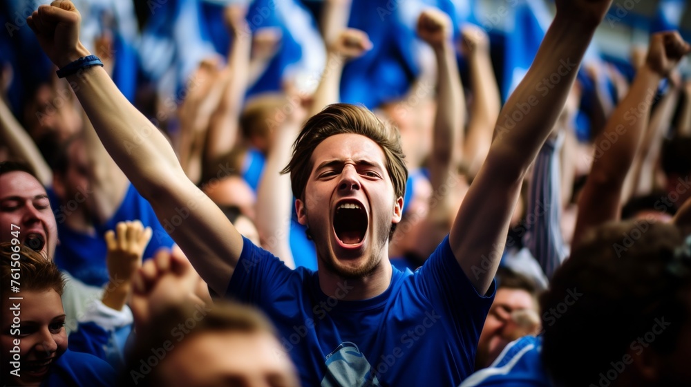 Excited fans in blue shirts cheering and watching live match from fan zone stands Excited fans in blue shirts cheering and watching live match from fan zone stands