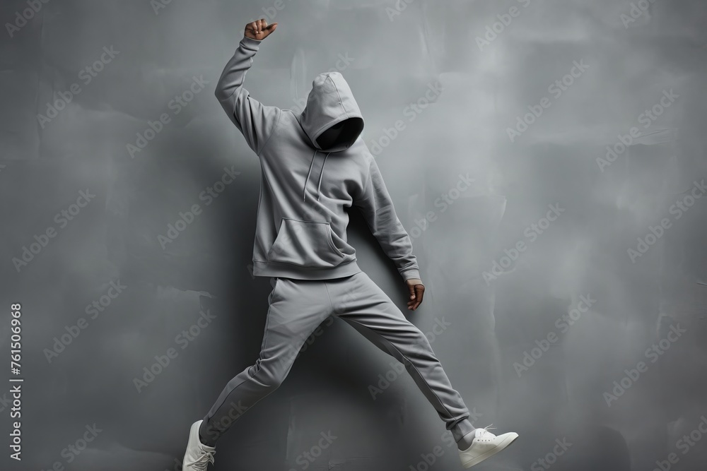 Young male hip hop dancer in matching gray attire showcasing moves against neutral backdrop