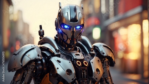 At dusk, iron cyborg with blue eyes stands sentinel by shop window. Its glowing gaze pierces twilight. Silent guardian blending into urban landscape, testament innovation, artificial intelligence