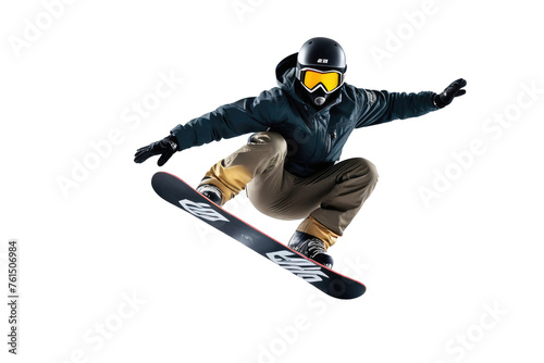 Snowboarder mid-air, full body visible, in dynamic jumping pose, stark contrast against an isolated white background, high-quality stock photography, dynamic lighting highlights muscle definition