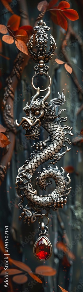 Mystical Silver Dragon Pendant with Fiery Garnet Drop