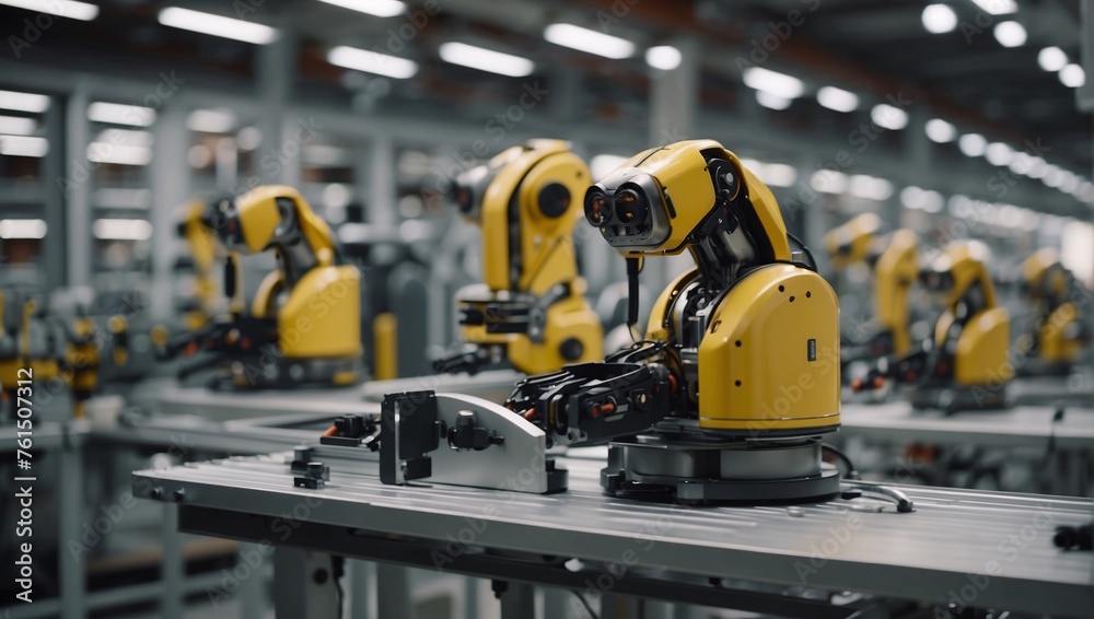 In factory's bustling environment, robotic ensemble orchestrates production line. Robotic manipulators perform intricate operations. Technology, innovation, driving efficiency in industrial processes In factory's bustling environment, robotic ensemble orchestrates production line. Robotic manipulators perform intricate operations. Technology, innovation, driving efficiency in industrial processes