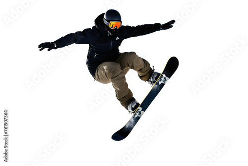 Snowboarder mid-air, full body visible, in dynamic jumping pose, stark contrast against an isolated white background, high-quality stock photography, dynamic lighting highlights muscle definition