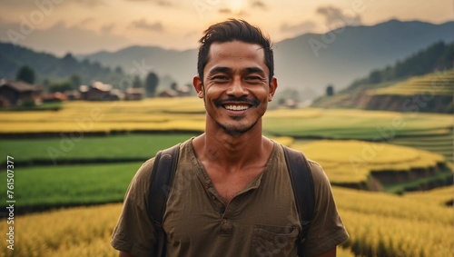 In rice fields of Bangladesh, farmer smiles. His face weathered by sun. Portrait embodies agricultural wisdom of generations. Lush terraces symbolizes the strong connection between people and land