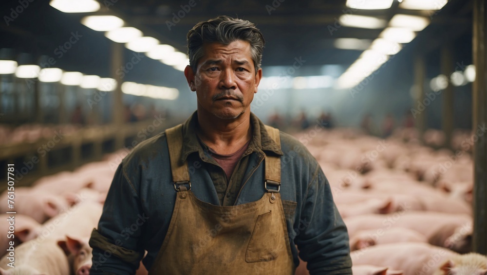 Pig farm worker on free-range pig farm. Workers diligently tend to the swine's welfare in expansive outdoor areas. He carries out feeding, health assessment, and upholding ethical farming practices - obrazy, fototapety, plakaty 