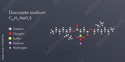 docusate sodium molecule 3d rendering, flat molecular structure with chemical formula and atoms color coding photo